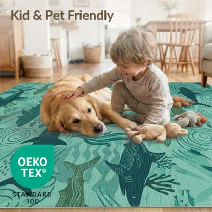 4'x6' Washable Graphic Shark Accent Rug, Seafoam Green Non-Shedding Small Carpet Pet Friendly & Non-Slip for Playroom, Bedroom, Reading Nook | Ref:2067707 - color: Blue/Pattern 38, size: 4' x 6' (Rectangular)