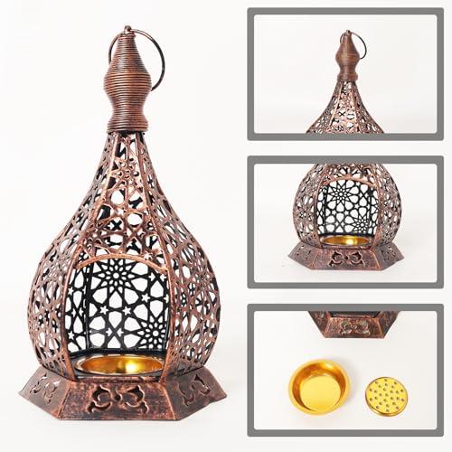 Ramadan Lantern Candle Holder for Home Decor, 9 Inch Hanging Metal Moroccan Lantern with Cutout Pattern, Ramadan Decorations for Home Tabletop Mantel, Eid Mubarak Ramadan Decor