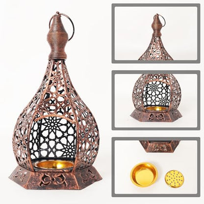 Ramadan Lantern Candle Holder for Home Decor, 9 Inch Hanging Metal Moroccan Lantern with Cutout Pattern, Ramadan Decorations for Home Tabletop Mantel, Eid Mubarak Ramadan Decor