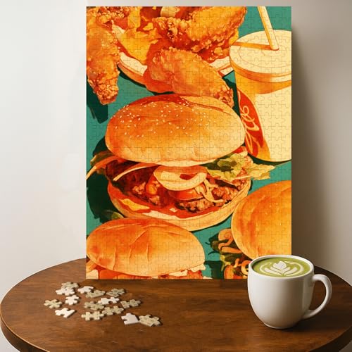 Burger Set Meal Food Jigsaw Puzzle - 500 Pieces Wooden Puzzle for Adults, Wall Art Gift, Finished Size: 20 x 15 Inch - color: Burger Set Meal - 500 Pieces