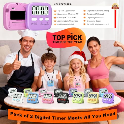 2 Pack Digital Timer for Kids Classroom Kitchen Timers for Cooking | w/ Battery, Easy to View, Alarm, Mute Mode, Count Down/Up, Magnetic, Kickstand, Hanging, Classroom Timer for Teacher Supplies - color: 2 * Pink + Purple