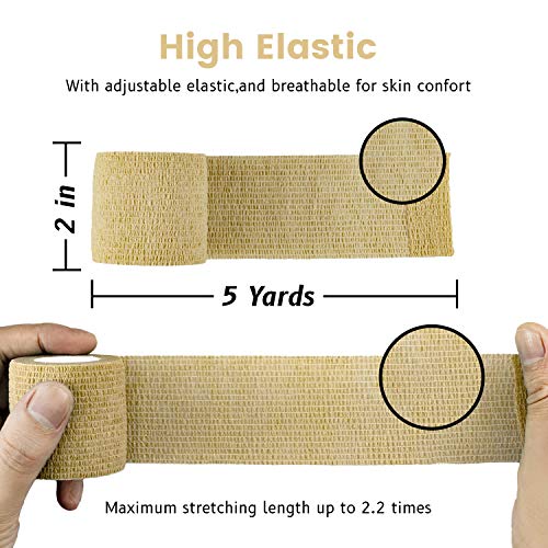 FRESINIDER 9 Rolls Self Adhesive Wrap Athletic Tape Gauze, Breathable Elastic Cohesive Bandage for Sports Injury & Pet (7 Pcs 2" x 5 Yards + 2 Pcs 1" X 5 Yards) (Khaki) - color: Khaki