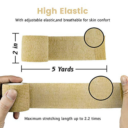 FRESINIDER 9 Rolls Self Adhesive Wrap Athletic Tape Gauze, Breathable Elastic Cohesive Bandage for Sports Injury & Pet (7 Pcs 2" x 5 Yards + 2 Pcs 1" X 5 Yards) (Khaki) - color: Khaki