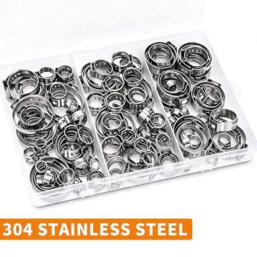125PCS Sieqioor 10 Sizes Single Ear Hose Clamp Kit, 304 SS 5.3-29.6mm | 304 Stainless Steel Ear Clamp Kit, Stepless Hose Clamps Cinch Rings for Automotive, Home Appliance Line and Plumbing - size: 125pcs