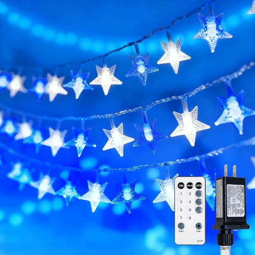 Star String Lights Plug in,39ft 100LED Fairy Lights with Remote, Hanging Star Decorations Lights Waterproof for Indoor Outdoor Bedroom Classroom Dorm Kids Tent Party Decor,Blue White - color: Blue white-plug, size: 100 LED