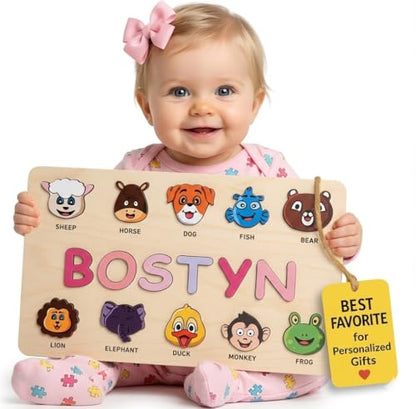 First Birthday Gifts for Girl, Personalized Baby Gifts, Wooden Puzzles for Toddlers 1-3, Animal Toys for Toddlers 1-3, Customized Baby Gift, 1-2 Year Old Toys - Set 3 - style: Animals - 10 Figures