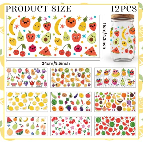 10 Sheets UV DTF Cup Wraps, 10 Styles Fruit Transfer Stickers Waterproof Transfer Stickers Cartoon Rub on Decals for Glass Cups Wood Crafts - style: Cute Fruit