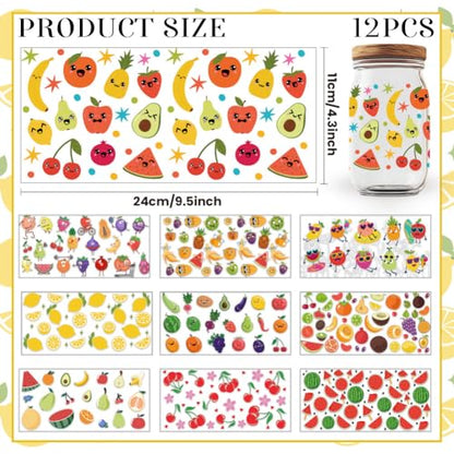 10 Sheets UV DTF Cup Wraps, 10 Styles Fruit Transfer Stickers Waterproof Transfer Stickers Cartoon Rub on Decals for Glass Cups Wood Crafts - style: Cute Fruit