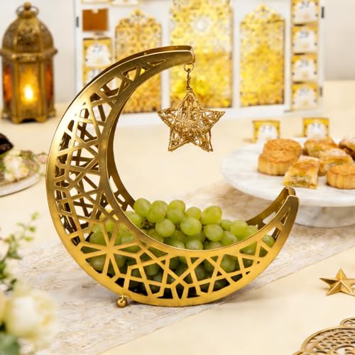 Ramadan Decoration Ramadan Trays, Metal Eid Mubarak Plates Moon Star Serving Trays Food Storage Containers Dinner Plate Dessert Platters Crescent Display Tray Holder for Eid Party Favor