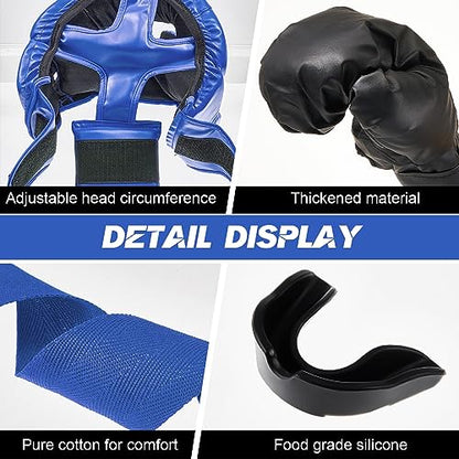 Kanayu 14 Pcs Boxing Gloves and Headgear Set for Beginners Youth 16 Ounce Boxing Gloves Headgear Helmet Hand Wraps Mouth Guards Equipment for Beginners Training Equipment Gifts - color: Black, Blue