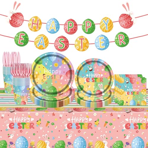 98PCS Easter Party Supplies Happy Easter Paper Plates and Napkins Colorful Easter Bunny Egg Tableware Set Spring Easter Party Decorations Easter Holiday Party Disposable Dinnerware Set for 16 Guests - style: Easter