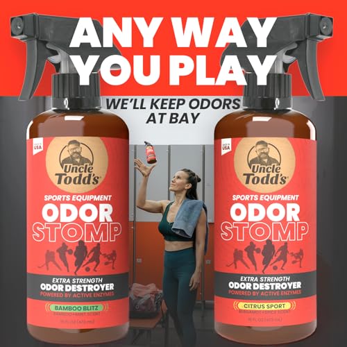 Uncle Todd’s Odor Stomp Sports Equipment Odor Eliminator Spray - Extra Strength Enzyme-Powered Deodorizer for Football, Hockey, Gym Bags, and Athletic Gear - Bamboo Blitz Scent - 16 oz
