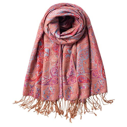 TUSHUSTY Pashmina Feel Shawls Wraps Rave Scarf for Women Soft Silky Reversible Men Scarves Hijab - color: Tan Red Blue