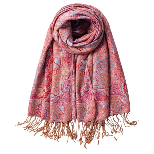 TUSHUSTY Pashmina Feel Shawls Wraps Rave Scarf for Women Soft Silky Reversible Men Scarves Hijab - color: Tan Red Blue
