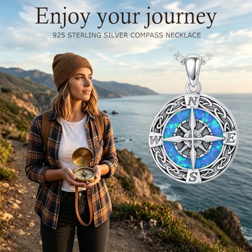 Graduation Gifts for Women 925 Sterling Silver Compass/Graduation/Vet/Cross/Stethoscope Necklace for Women - color: Compass-Blue Opal