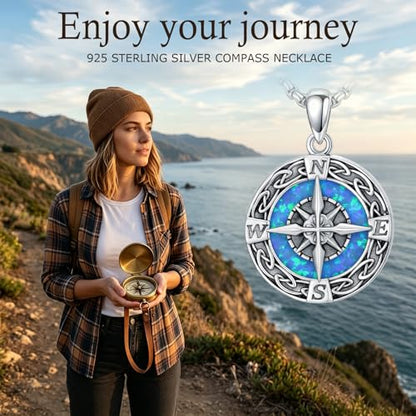Graduation Gifts for Women 925 Sterling Silver Compass/Graduation/Vet/Cross/Stethoscope Necklace for Women - color: Compass-Blue Opal
