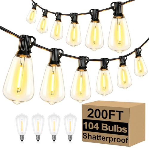 Brightever Outdoor String Lights 200FT Waterproof, Patio String Lights for Outside with 100+4 ST38 Shatterproof LED Filament Bulbs, Dimmable Hanging Lights for Christmas, Party, Cafe (2-Pack 100FT) - color: Black Wire Warm White, size: 200FT