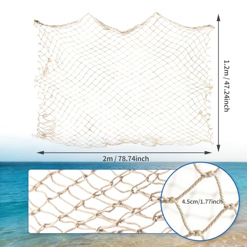 Natural Cotton Fish Net Decorations, 4x6.6 Ft Nautical Party Decor for Hawaiian Pirate Ocean Beach Theme, Halloween Christmas Wall Backdrop Decoration
