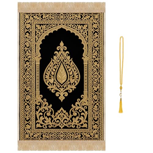 Prayer Mat Beads Ramadan Gifts - Thick Muslim Prayer Rug Islamic Golden Tasbih Prayer Beads, Islamic Praying Mat Carpet for Namaz Salah Meditation Eid Decorations for Home - color: Gold and Black