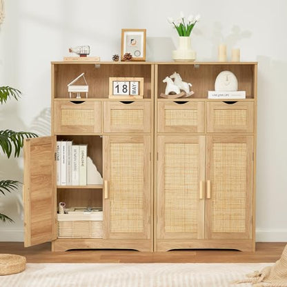 Iwell Storage Cabinet with 2 Drawers & Adjustable Shelves, Rattan Cabinet, Kitchen Pantry Cabinets, Cupboard for Living Room, Kitchen, Home Office, Natural SNG008NR - color: Natural