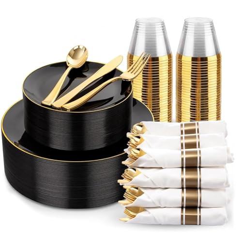KIRE 175Pcs Black Plates Disposable - Heavy Duty Black and Gold Plastic Plates- 25 for Dinner 25 for Dessert 25 Pre Rolled Gold Silverware and 25 Cups for Party/Wedding/Father's Day/Halloween - color: Black