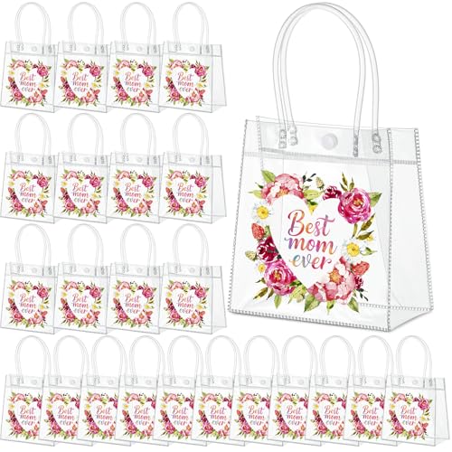 Aliceset 24 Pcs Mother's Day Floral Clear Gift Bags with Handles Best Mom Ever Tote Bags Reusable PVC Goodie Handbags Mother's Day Favor for Gift Wrapping, Party Decorations, 6.31"x 5.91"x 3.15" - style: Best Mom Ever