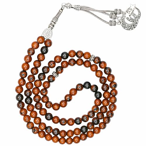 Amazing Gemstone Mahogany Obsidian Tasbeeh with Moon and Star Charm - Certified Crystal Muslim Prayer Beads Natural Gemstone Tasbih Gift for Ramadan Dhikr and Daily Namaz (S) - color: Mahogany Obsidian