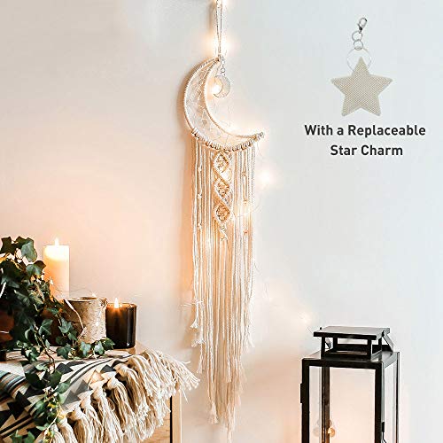 Macrame Wall Hanging Dream Catcher, Boho Crochet Moon Star Decor with Light - color: Cream White, size: With Light