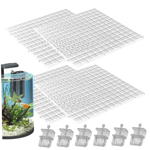 Fish Tank Cover, Aquarium Lid 4Pcs 12x12 Gridding Fish Tank Lid Anti-Jump Cat-Proof Aquarium Hood with 6 Clamp Breathable Cuttable Nonopaque Cover