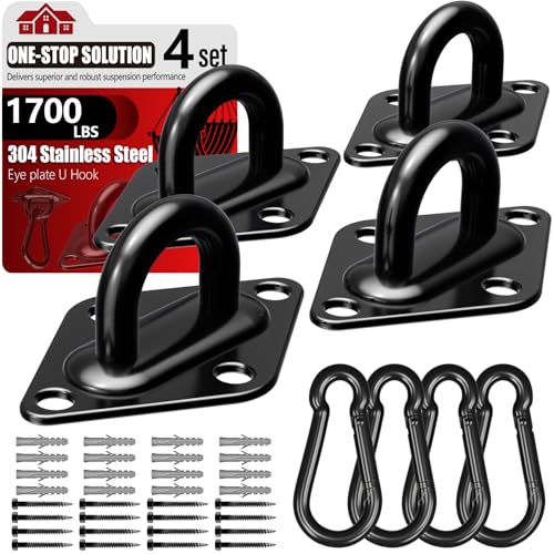 sprookber 304 Stainless Steel Pad Eye Snap Hooks, M10 Heavy Duty Ceiling Hook, 1700lb Capacity Hammock Swing Hanging kit, Plant Hangers, Marine Hardware Staple Hook Loop with Screws, Set of 8(Black) | Hanging Kit with Screws for Hammock Chair Swing, Yoga