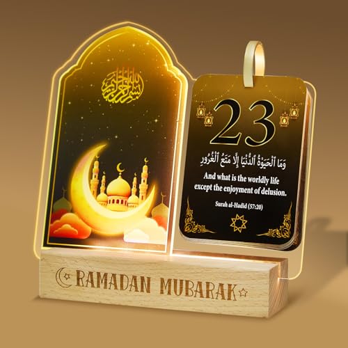 Ramadan Calendar Decorations for Home, Acrylic Ramadan Countdown Calendar with Light, Upgrade the Bilingual Quran Quotations,Eid Ramadan Mubarak Gifts for Kids Women