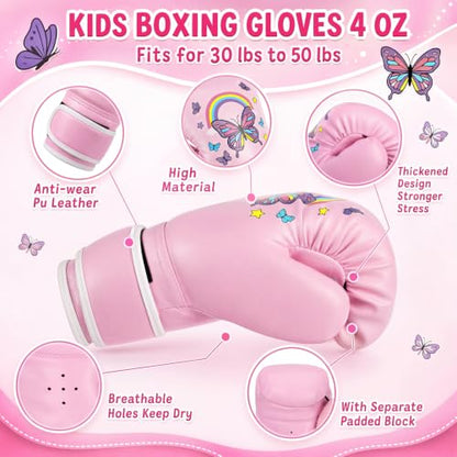 Boxing Gloves and Punching Mitts Set 4oz Gloves Boxing Pads Kids Youth Sparring Gear Training Equipment for Taekwondo Kick Karate Muay Thai MMA Martial Art - style: Pink Butterfly