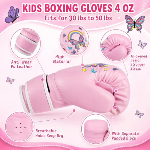 Boxing Gloves and Punching Mitts Set 4oz Gloves Boxing Pads Kids Youth Sparring Gear Training Equipment for Taekwondo Kick Karate Muay Thai MMA Martial Art - style: Pink Butterfly