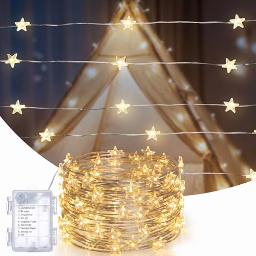 Star String Lights Battery Operated, 40ft 120 LED Mini Star Fairy Lights Silver Wire 8 Modes for Indoor Garden Decoration, Waterproof Warm White Star LED Lights for Birthday Party Wedding - color: Silver Tone, size: 40ft-120 LEDs