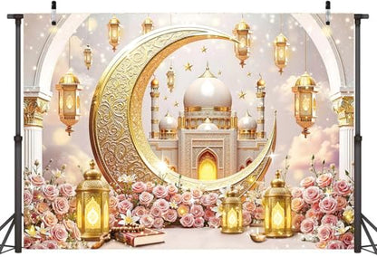 Ramadan Mubarak Backdrop for Photography 7x5FT Pink Flowers Islamic Muslim Lantern Gold Crescent Moon Castle Background Eid Mubarak Banner Decorations Photo Props