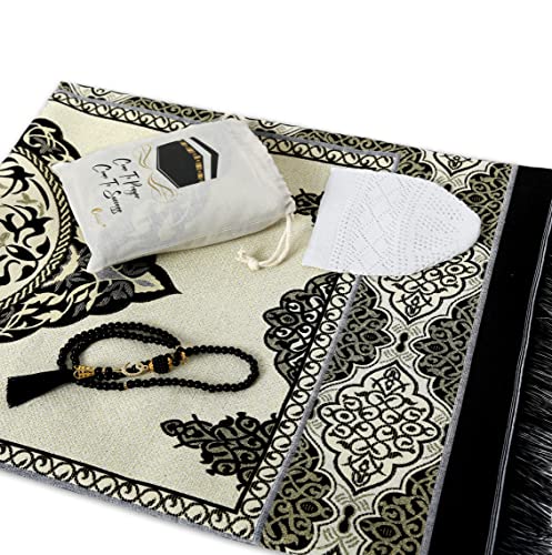 ESERRA Muslim Prayer Rug - 99 Beads & Cap Included, Islam Prayer Mats for Men, Women & Kids (Black) - color: Black