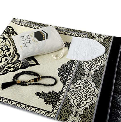 ESERRA Muslim Prayer Rug - 99 Beads & Cap Included, Islam Prayer Mats for Men, Women & Kids (Black) - color: Black