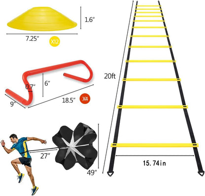 Speed & Agility Ladder Training Equipment Set, Includes 12 Rung 20ft Agility Ladder, 4 Agility Hurdles,12 Disc Cones, 1 Resistance Parachute for Training Football Soccer Basketball Athletes - color: yellow
