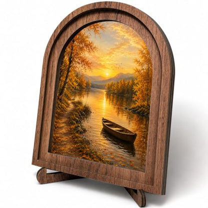 Autumn Lake Arched Decor, Rustic Landscape Table Sign - color: Autumn Lake Sunset