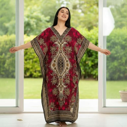Women's Kaftan Dress – Loose Fit Maxi Gown – Kimono Style Beach Cover Up – Elegant Resort Wear and Nightwear - color: Pink