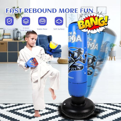 Onirii 66 Inch Kids Inflatable Punching Bag | Large Stable Kids Inflatable Boxing Bag Toy Set with Gloves for Boys & Girls Age 3-12 for Taekwondo,MMA and Practicing Karate - color: Ninja Blue