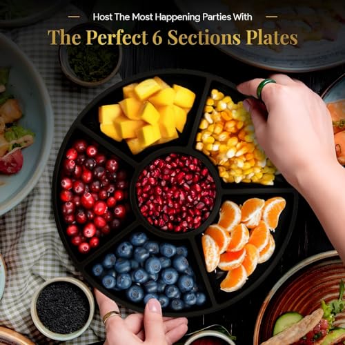 R-kay 4 Pack, 6 Sectional Black Plastic Serving Trays for Party - Heavy Duty Party Trays for Serving Food - 12 Inch Platters - color: Black
