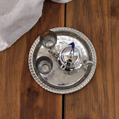 Moroccan Tea Tray Serving Cocktail Silver Handmade Fez Small Or Large Round (9/11/13/15 Inches) (9 Inches) - size: 9"