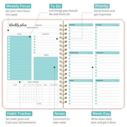 Undated Weekly Planner, Weekly To Do List Notebook with Goal & Habit Tracker Organizer, A5 Weekly Planner Notebook with Spiral Binding, 6.1" x 8.2" - Rosy - color: c.Rosy