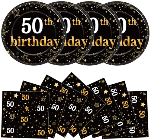 Qyeahkj 48Pcs 50th Birthday Paper Plates and Napkins Black and Gold Happy Birthday Party Decorations Cheers to 50 Years Party Supplies 50 Years Old Disposable Tableware Set for Women Men Serve 24 - style: 50th Birthday