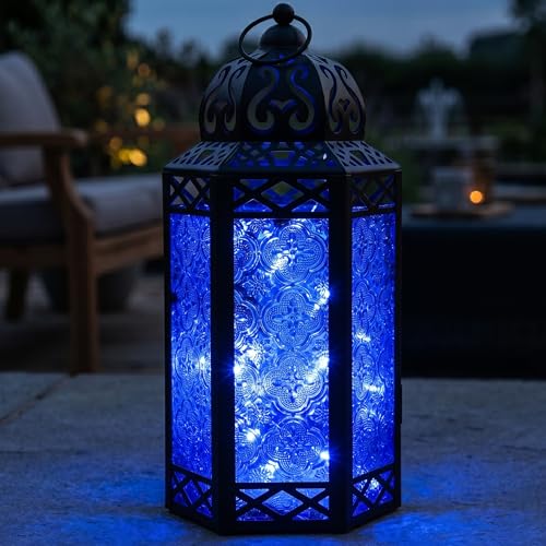 Vela Lanterns Decorative Indoor Fairy Light Candle Holder, Cobalt Blue, L | Wedding Table Centerpieces, Fantasy Moroccan Decor, Ramadan & Eid, Metal Hanging Lamp, Bathroom, Porch Patio, 12" Tall - color: Black/Cobalt, size: Large