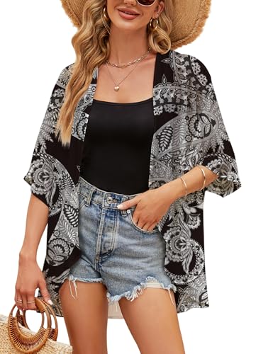 Chunoy Women Short Sleeve Chiffon Kimono Beach Swimsuit Cover Up - color: Black Paisley, size: Small