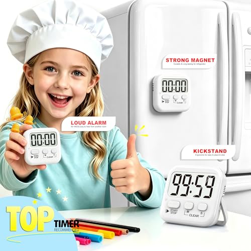 2 Pack Digital Timer for Kids Classroom Kitchen Timers for Cooking | w/ Battery, Easy to View, Alarm, Mute Mode, Count Down/Up, Magnetic, Kickstand, Hanging, Classroom Timer for Teacher Supplies - color: Pure White *2