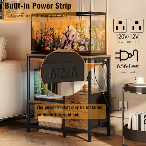 20-29 Gallon Fish Tank Stand with Power Outlet Vintage Metal Aquarium Stand with 2 Fabric Drawers Heavy Duty Reptile Tank Stand with 3-Tier Adjustable Storage Shelves, Left-Right Mounting