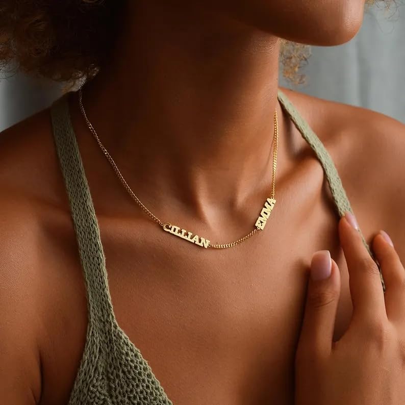 Ajiangwu 18K Gold Plated Name Necklace Personalized,Multiple Custom Name Necklace Family Necklace with Kids Names Customized Choker Necklace for Women - color: 2 Names with Curb Chain